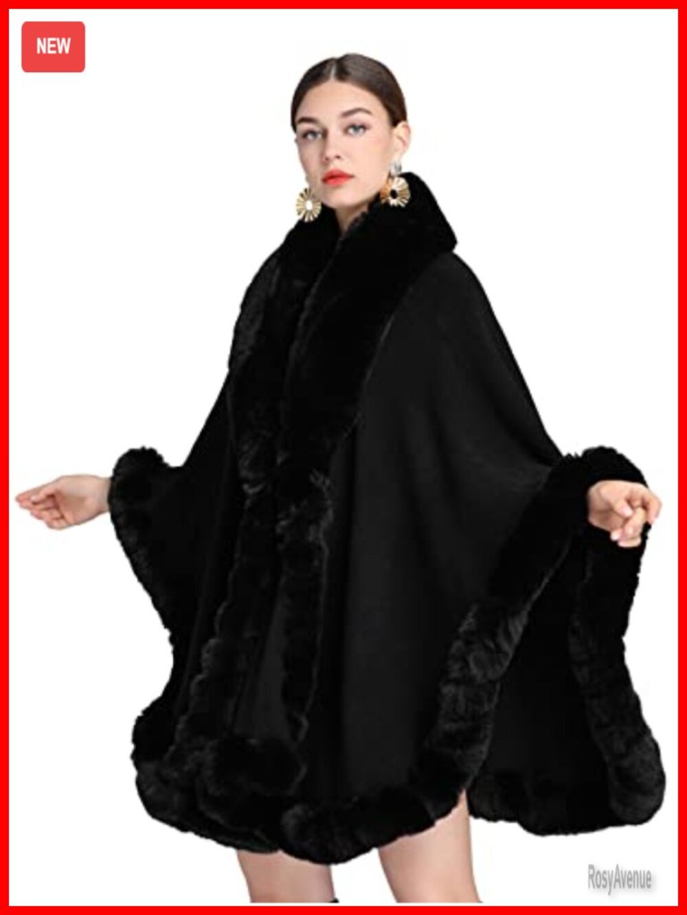 Faux Fur Shawl Wrap Poncho Cape w Faux Rabbit Fur Collar One Size